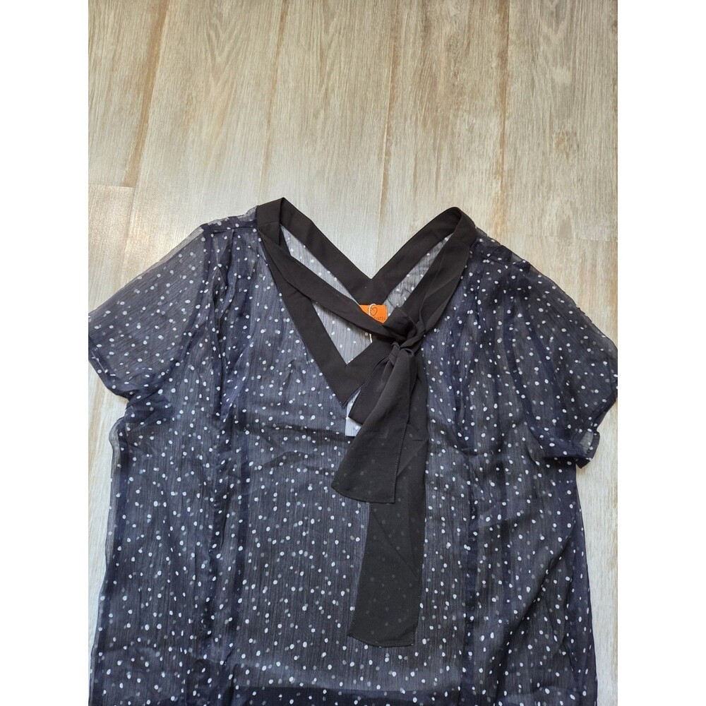 NWT Marycrafts Polka Dot Sheer Tie Neck Chiffon Fit Flare Dress Navy & Black L - Picture 2 of 9
